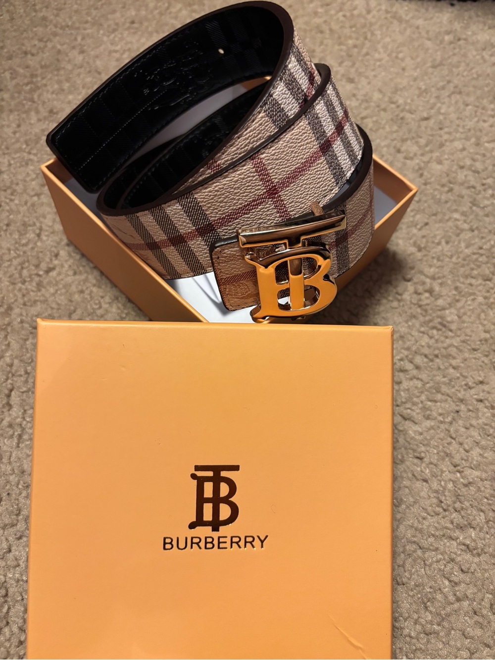 Burberry Men's Check Belt in Beige, Brown and Gold TB Buckle